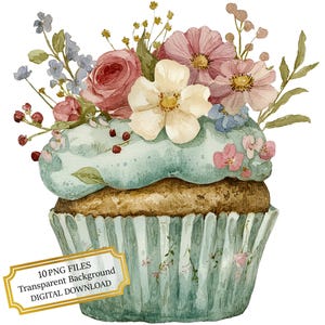Shabby Chic Blumen Cupcake Clipart Bundle - 10 hochwertige Aquarell PNGs - Küchenkunst, Journaling, Scrapbooking, digitaler Download