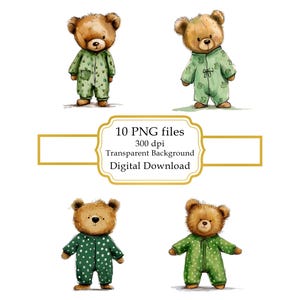 Teddy Bear in Green Baby's Pajama PNG Clipart Bundle- Digital Download