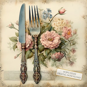 Shabby Chic Gabel und Messer auf einer Blumenserviette Clipart Bundle - 10 hochwertige Aquarell JPGs - Journaling, Scrapbooking, digitaler Download