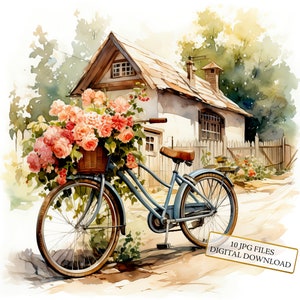 Fiets met bloemenmand op het platteland clipartbundel-10 hoge kwaliteit aquarel jpgs-journaling, scrapbook levering, digitale download