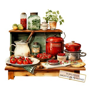 Retro Farmhouse Kitchen Cooking Clipart Bundle- 10 High Quality Watercolor JPGs- Crafting, Journaling, Scrapbooking, Digital Download