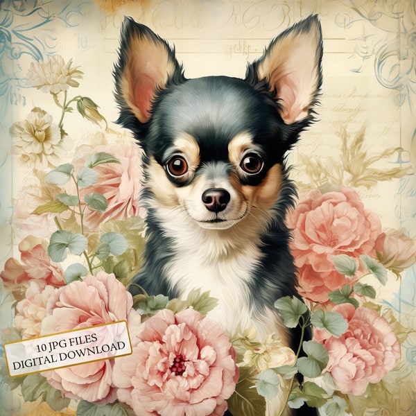 Shabby Chic Chihuahua with Flowers Clipart Bundle- 10 High Quality Watercolor JPGs- Pet Art, Journaling, Scrapbook, Digital Download