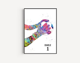 Soccer Goalkeeper Catching Ball, Personalized Name and Number, Sport, Watercolor Art Gift, Printable Poster