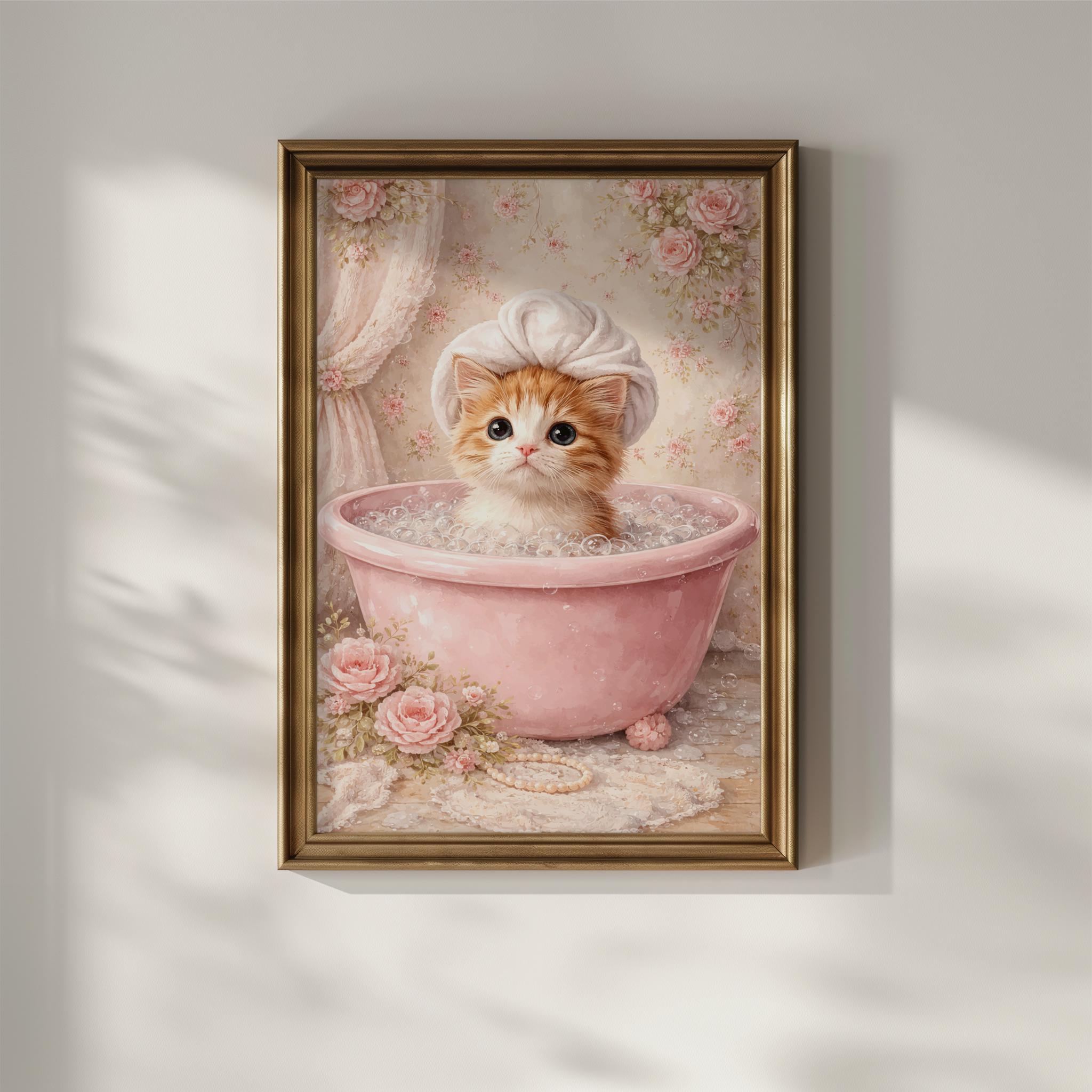 Shabby Chic Kitten in Pink Bathtub Printable Wall Art, Digital Download ...