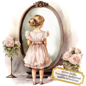 Kleines Mädchen vor Spiegel mit Pfingstrosen Clipart Bundle - 10 hochwertige Aquarell PNGs - Journaling, Scrapbooking, digitaler Download