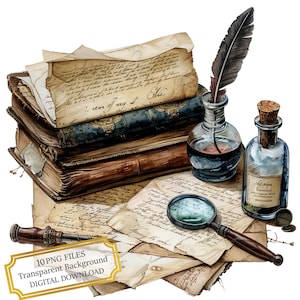 Paquete de imágenes prediseñadas de pluma, letras manuscritas y lupa: 10 PNG de acuarela de alta calidad para diario, scrapbooking y descarga digital.