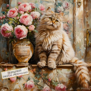 Shabby Chic Cat con Rose Rosa Clipart Bundle- 10 JPG ad acquerello di alta qualità- Artigianato, Journaling, Forniture per album, Download digitale