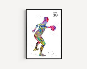 Female Handball Player, Personalized Name and Number, Sport, Watercolor Art Gift, Printable Poster