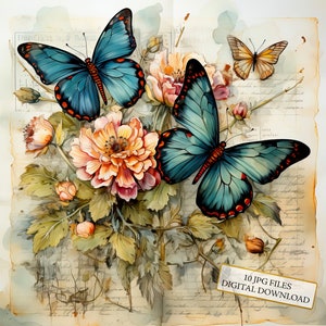 Shabby Chic Flowers and Butterflies Clipart Bundle-10 JPG ad acquerello di alta qualità-Decoupage, Journaling, Scrapbook Supply, Download digitale