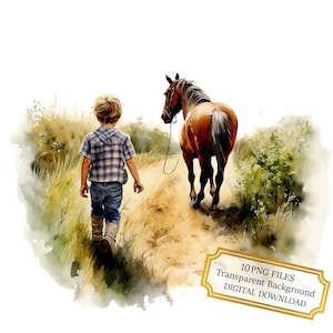 Paquete de imágenes prediseñadas de niño pequeño caminando con su caballo en un campo: 10 PNG de acuarela de alta calidad - Suministros para diario, álbumes de recortes, descarga digital
