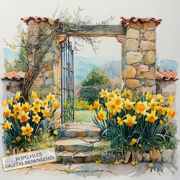 Daffodils by a Garden Gate Clipart Bundle- 10 High Quality Watercolor JPGs- Crafting, Journaling, Scrapbook Supply, Digital Download