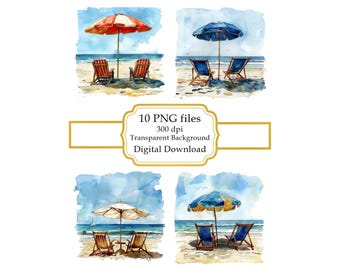 Beach Scenery with Deck Chairs and Umbrella PNG Clipart Bundle- Digital Download