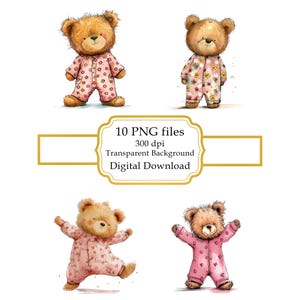 Teddy Bear in Pink Baby's Pajama PNG Clipart Bundle- Digital Download