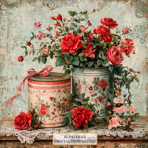 Shabby chique retro blikjes met rode bloemen clipartbundel-10 hoge kwaliteit aquarel jpgs-journaling, scrapbook levering, digitale download