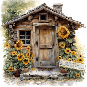 Kleine houten kajuitingang met zonnebloemen clipartbundel-10 hoge kwaliteit aquarel jpgs-journaling, scrapbook levering, digitale download