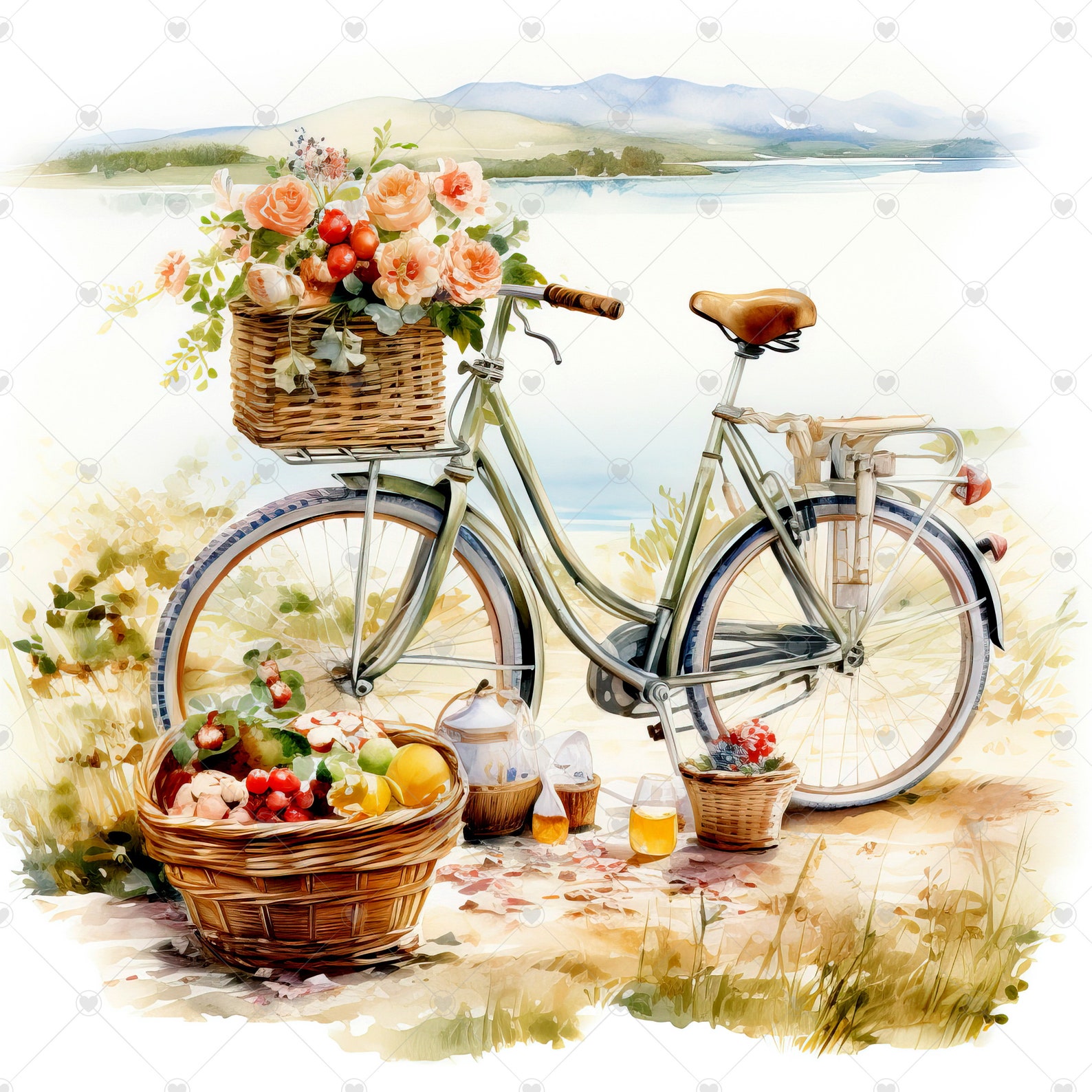 Bicycle With Picnic Basket Scenery Clipart Bundle 10 High - Etsy