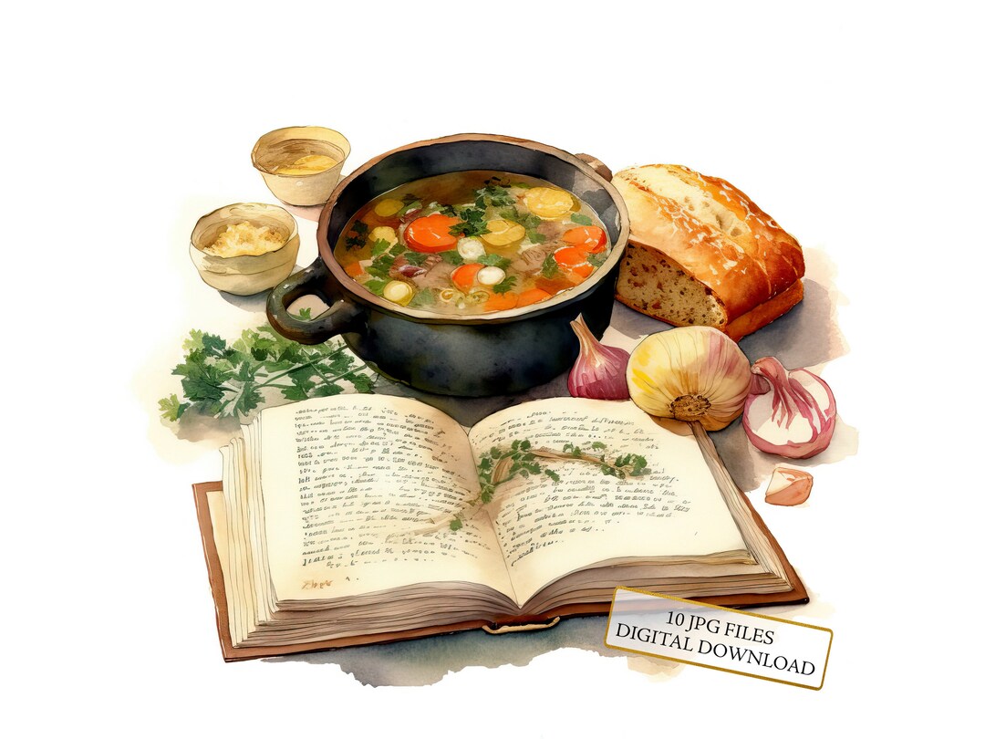 Grandma's Soup Cookbook Clipart Bundle- 10 High Quality Watercolor Jpgs