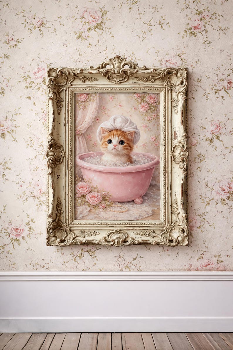 Shabby Chic Kitten in Pink Bathtub Printable Wall Art, Digital Download ...