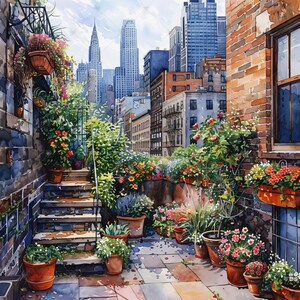 Cozy Urban Garden Among Skyscrapers JPG Clipart Bundle- Digital Download image 7