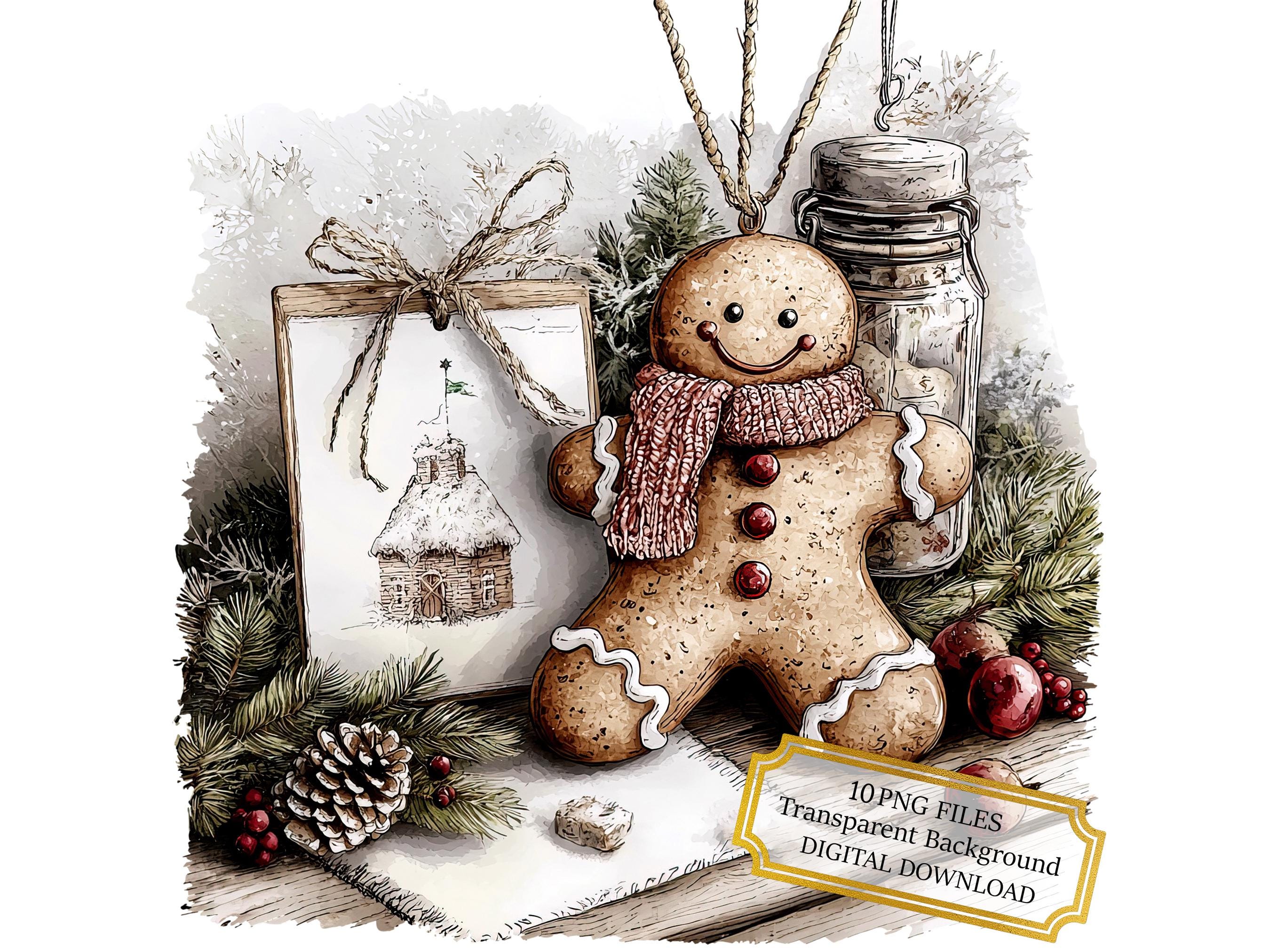 Gingerbread Cookie with Christmas Decor Clipart Bundle- 10 High Quality Watercolor PNGs- Holiday, Journaling, Scrapbooking, Digital Download