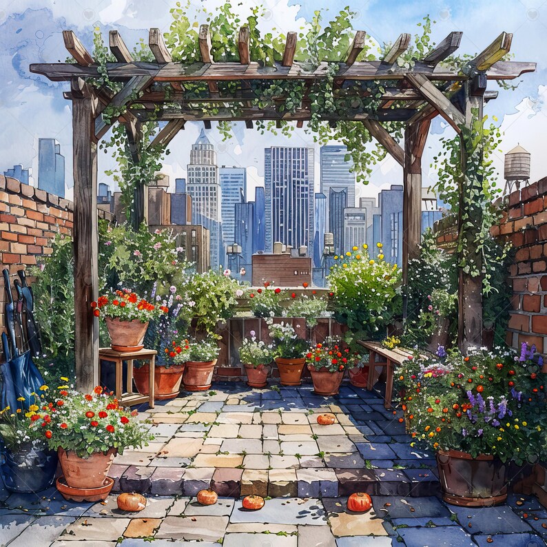 Cozy Urban Garden Among Skyscrapers JPG Clipart Bundle- Digital Download image 6