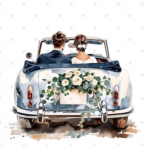 Bride and Groom in Just Married Wedding Car Clipart Bundle- 10 High ...