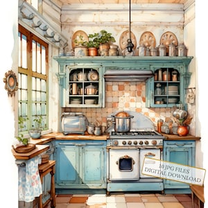 Shabby Chic Retro Kitchen Clipart Bundle - 10 JPG ad acquerello di alta qualità - Casa rustica, artigianato, diario, album, download digitale