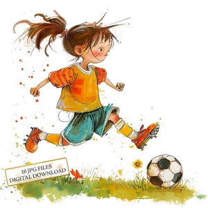 Kleines Mädchen, das Fußball spielt Clipart Bundle - 10 hochwertige Aquarell JPGs - Kinderzimmer Kunst, Journaling, Scrapbook Versorgung, digitaler Download