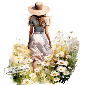 Mädchen zu Fuß durch ein Gänseblümchenfeld Clipart Bundle - 10 hochwertige Aquarell JPGs - Wiese, Journaling, Scrapbook Versorgung, digitaler Download