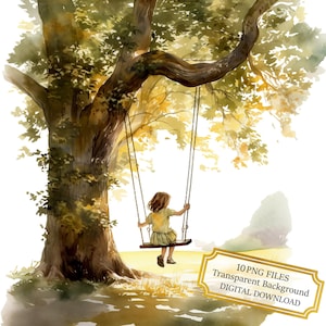 Raccolta di clipart di una bambina sull'altalena - 10 immagini PNG acquerellate di alta qualità - Arte per la cameretta dei bambini, journaling, scrapbooking, download digitale