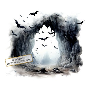 Latające nietoperze w jaskini Clipart Bundle- 10 wysokiej jakości akwareli JPG- sztuka natury, dziennikarstwo, materiały do scrapbookingu, pobieranie cyfrowe