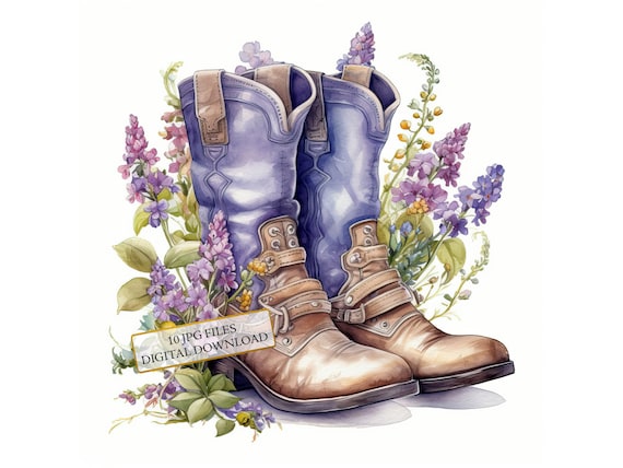 Cowboy Boots With Lavender Clipart Bundle 10 High Quality Watercolor Jpgs Western Art Journaling Scrapbook Supply Digital Download Etsy