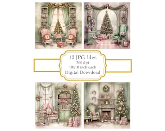 Pink Sage Christmas Room JPG Clipart Bundle- Digital Download