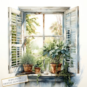 Pacote de clipart de janela de campo com plantas em vasos - 10 JPGs de aquarela de alta qualidade - artesanato, diário, suprimentos para scrapbook, download digital
