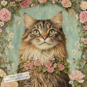 Maine Coon Cat Portrait Adorned with Flowers Clipart Bundle- 10 High Quality Watercolor JPGs- Journaling, Scrapbook, Digital Download