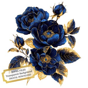 Blauw goud wilde rozen clipartbundel-10 hoge kwaliteit aquarel pngs-bloemenkunst, journaling, scrapbook levering, digitale download