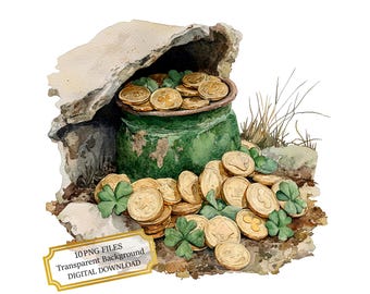 St. Patrick's Day Topf mit Gold und Shamrock PNG Clipart Bundle-Digital Download