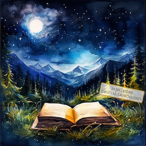 Pacote de clipart de livro mágico aberto sob a noite estrelada - 10 JPGs de aquarela de alta qualidade - artesanato, diário, suprimentos para scrapbook, download digital