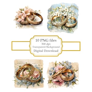 Shabby Chic Floral Wedding Rings PNG Clipart Bundle- Digital Download