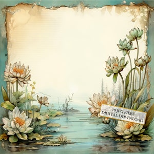 Paquete de imágenes prediseñadas de papel envejecido con nenúfares estilo shabby chic: 10 imágenes en acuarela de alta calidad (JPG) para decoupage, diario, scrapbooking y descarga digital.