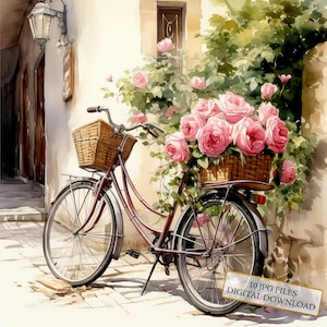 Fiets met mand vol roze rozen clipartbundel-10 hoge kwaliteit aquarel jpg's-journaling, scrapbook levering, digitale download