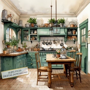 Shabby Chic Rustic Green Kitchen JPG Clipart Bundle- Digital Download