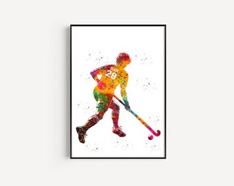 Male Field Hockey Player, Personalized Name and Number, Sport, Watercolor Art Gift, Printable Poster