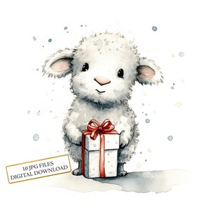 Entzückendes kleines Lamm, das Weihnachtsgeschenk bringt, Clipart-Bundle - 10 hochwertige Aquarell JPGs - Journaling, Scrapbooking, digitaler Download