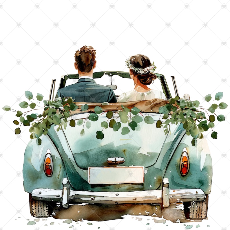 Bride and Groom in Just Married Wedding Car PNG Clipart Bundle- Digital ...