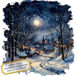 Pacote de clipart de cenário noturno com neve sob lua cheia - 10 PNGs de aquarela de alta qualidade - Inverno, Diário, Álbum de recortes, Download digital
