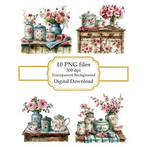 Paquete de imágenes prediseñadas PNG de utensilios de cocina de estilo rústico vintage con motivos florales - Descarga digital