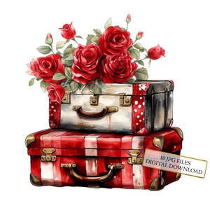 Paquete de imágenes prediseñadas de una pila de maletas vintage rojas con rosas: 10 archivos JPG de acuarela de alta calidad. Manualidades, diario, scrapbooking y descarga digital.