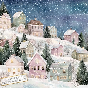 Verschneites Weihnachtsdorf auf einem Hügel Clipart Bundle - 10 hochwertige Aquarell JPGs - Urlaub, Journaling, Scrapbooing, digitaler Download