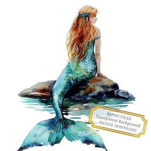 Paquete de imágenes prediseñadas de sirena sentada en una roca junto al océano: 10 PNG de acuarela de alta calidad: arte marino, diario, álbumes de recortes, descarga digital